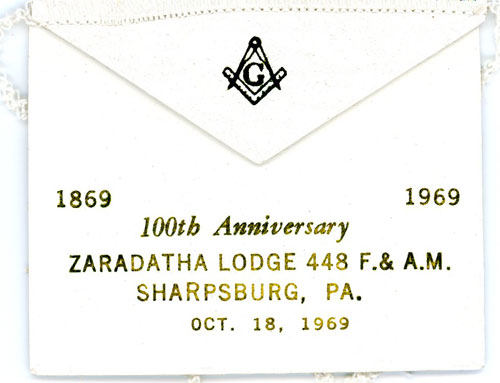 A commemorative party favor apron from the zaradatha lodge no 448 100th anniversary